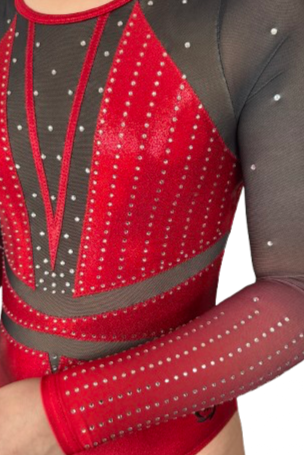 Red and Black Gymnastics Competition Leotard with Ombre Black to Red mesh Sleeves, Rhinestone detailing