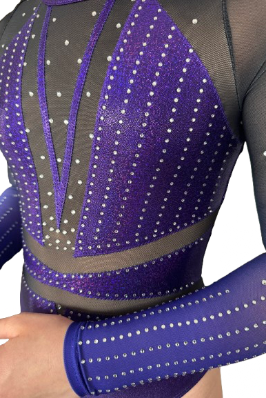 Purple Gymnastics Competition Leotard with Ombre Black to Purple mesh Sleeves, Rhinestone detailing