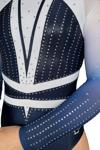 Navy Gymnastics Competition Leotard with Ombre White to Navy mesh Sleeves, Rhinestone detailing