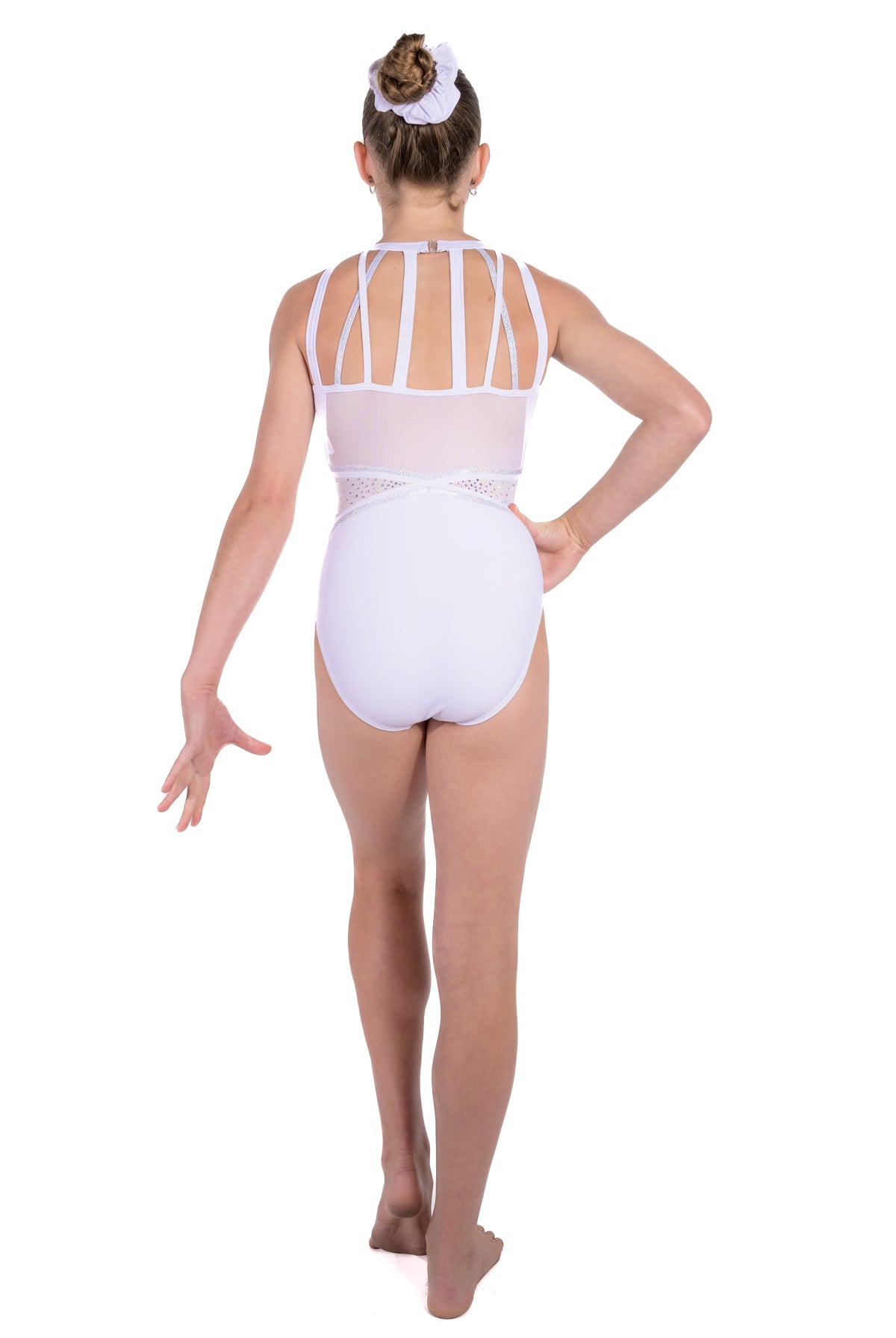 White and silver gymnastics leotard. Soft white lycra and fully lined, shimmering silver rhinestone detailing. Strappy back design with a secure clasp closure, mesh back panel.
