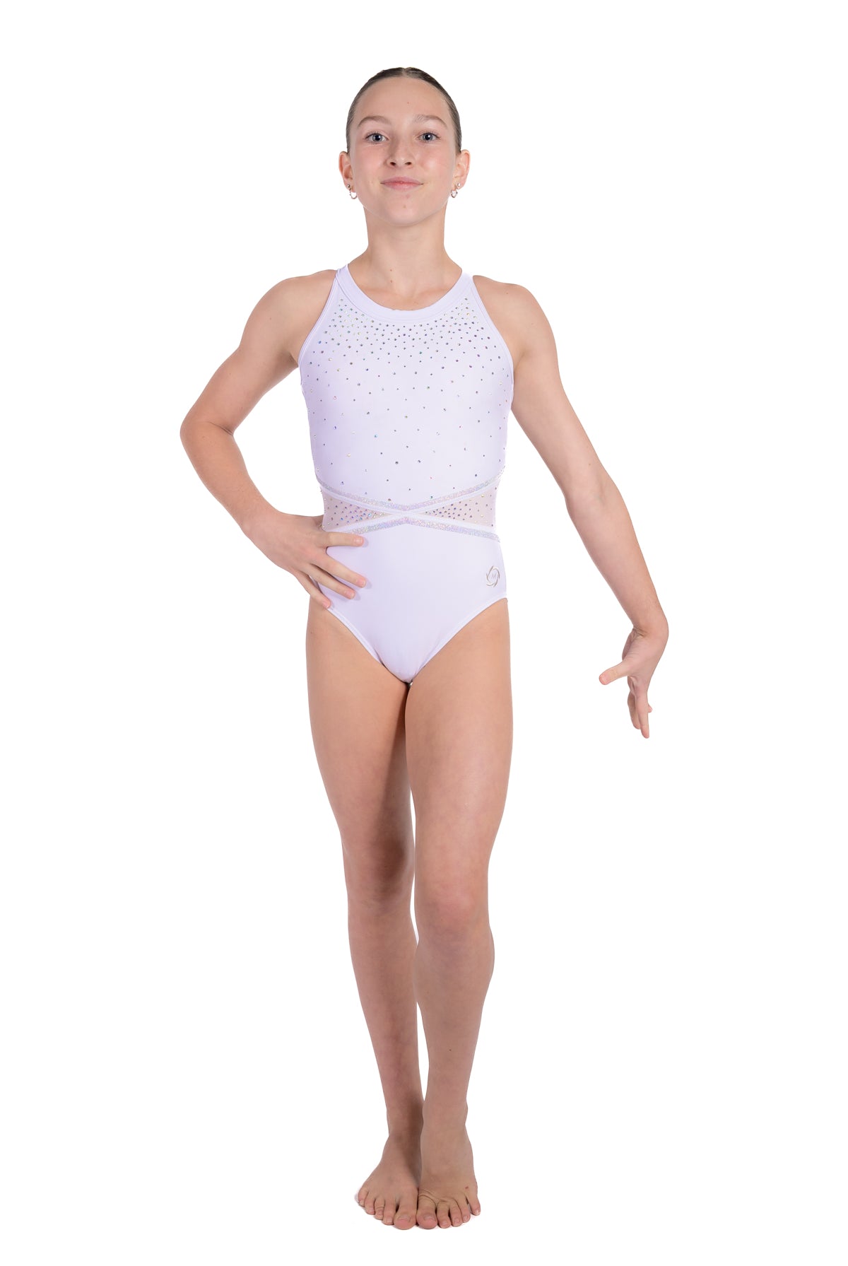 White and silver gymnastics leotard. Soft white lycra and fully lined, shimmering silver rhinestone detailing. Strappy back design with a secure clasp closure, mesh back panel.