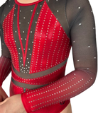 Red and Black Gymnastics Competition Leotard with Ombre Black to Red mesh Sleeves, Rhinestone detailing
