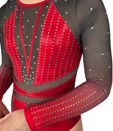 Red and Black Gymnastics Competition Leotard with Ombre Black to Red mesh Sleeves, Rhinestone detailing