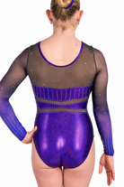 Purple Gymnastics Competition Leotard with Ombre Black to Purple mesh Sleeves, Rhinestone detailing