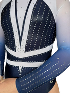 Navy Gymnastics Competition Leotard with Ombre White to Navy mesh Sleeves, Rhinestone detailing 