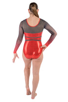 Red and Black Gymnastics Competition Leotard with Ombre Black to Red mesh Sleeves, Rhinestone detailing