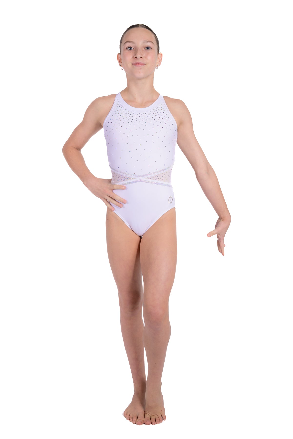 White and silver gymnastics leotard. Soft white lycra and fully lined,  shimmering silver rhinestone detailing.  Strappy back design with a secure clasp closure, mesh back panel.
