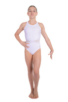 White and silver gymnastics leotard. Soft white lycra and fully lined,  shimmering silver rhinestone detailing.  Strappy back design with a secure clasp closure, mesh back panel.