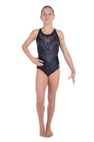Momentum Activewear Radiance Leotard - Black lycra with rhinestone detailing and strappy back