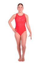 Momentum Activewear Radiance Leotard - Bight Red lycra with rhinestone detailing and strappy back