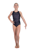 Black gymnastics training leotard featuring sparkling crystal rhinestone chevron detailing on the front and back, with elegant criss-cross straps and a sleek open back design.