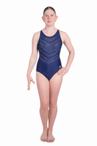 Navy blue gymnastics training leotard featuring sparkling crystal rhinestone chevron detailing on the front and back, with elegant criss-cross straps and a sleek open back design.